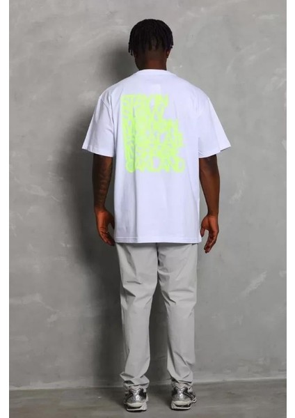 Unisex Oversize Baskılı Bisiklet Yaka T-Shirt - Beyaz fırsatları