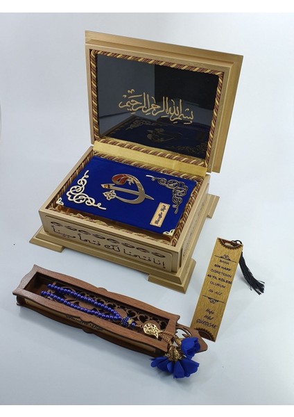 Hediye Kuranı Kerim Seti Ahşap Kutulu Koyu Mavi