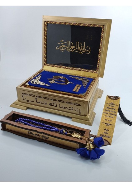 Hediye Kuranı Kerim Seti Ahşap Kutulu Koyu Mavi modelleri
