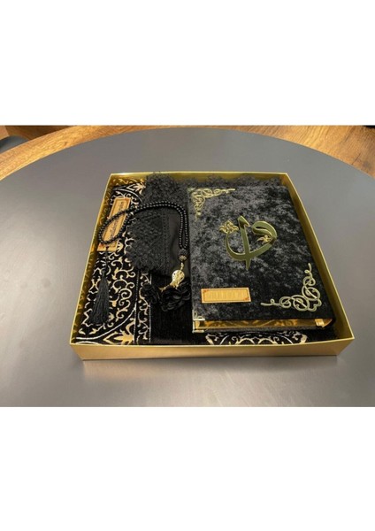 Hediye Kuranı Kerim Seti Örtü Tespih Siyah Set Seccade
