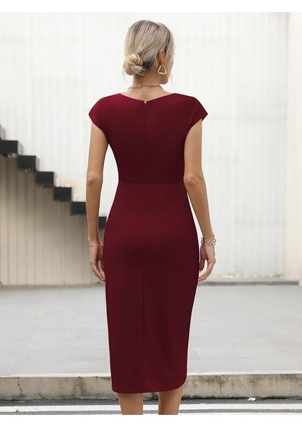 Kadın Yarım Ay Kollu Bisiklet Yaka Yandan Drapeli Ithal Krep Elbise modelleri