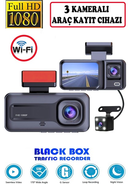 Araç Içi 3 Kameralı WİFİ ÖZELLİKLİ 1080P /2.0 Inç LCD Ekranlı /gece Görüşlü /geri Görüş Kamera/hareket Algılama