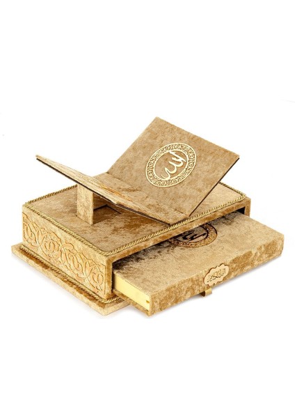 Masa.üstü.rahleli.kadife.kaplı.sandıklı.kuranı.kerim.seti.-.rahiya.serisi.gold modelleri
