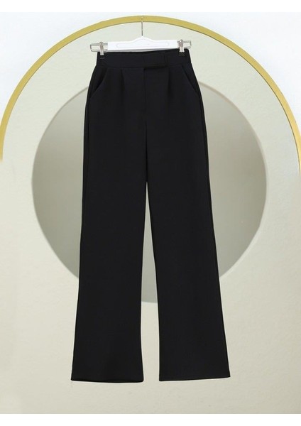 Cırtlı Fermuarlı Palazzo Pantolon -Siyah