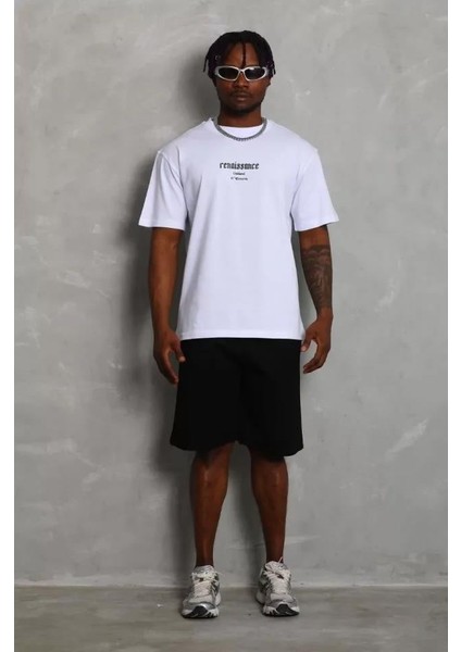 Unisex Oversize Baskılı Bisiklet Yaka T-Shirt - Beyaz fiyatları