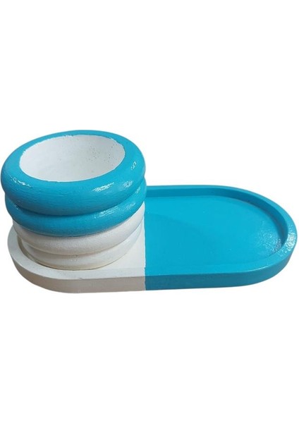 Oval Tabaklı Silindir Saksı Turkuaz Beyaz 18X9,5CM