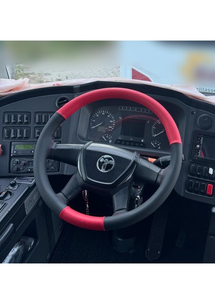 Dikişli Direksiyon Kılıfı Siyah Deri Kırmızı Deri Kırmızı Dikişli Temsa Safir Otobüs Için