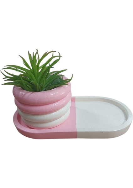 Oval Tabaklı Silindir Saksı Pembe Beyaz 18X9,5CM