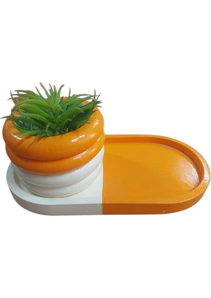 Oval Tabaklı Silindir Saksı Turuncu Beyaz 18X9,5CM