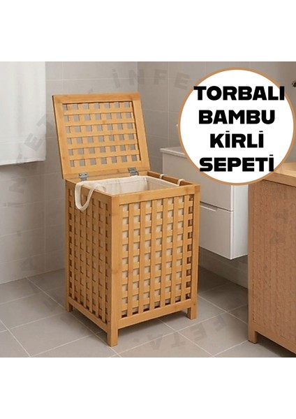 Bambu Kapaklı Kirli Çamaşır Sepeti Kumaş Torbalı Şık Kirli Sepeti