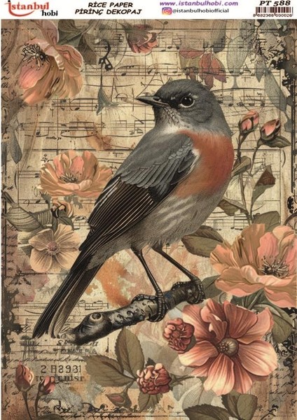 Pirinç Dekopaj Kağıdı 30X42CM PT-588 Kuş Çiçek
