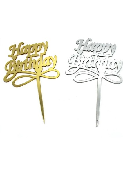Happy Birthday Pleksi Pasta Süsü Altın ve Gümüş 15 x 15 cm