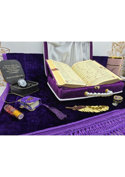 Kişiye Özel Kuranı Kerim Seti Mor Renk Orta Boy Mealli Kuran Ful Set Süs fiyatları