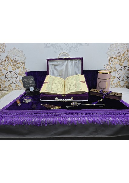 Kişiye Özel Kuranı Kerim Seti Mor Renk Orta Boy Mealli Kuran Ful Set Süs modelleri