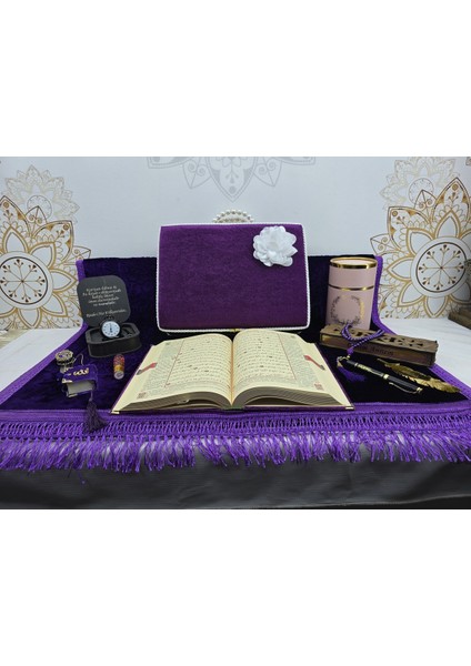 Kişiye Özel Kuranı Kerim Seti Mor Renk Orta Boy Mealli Kuran Ful Set Süs indirimleri