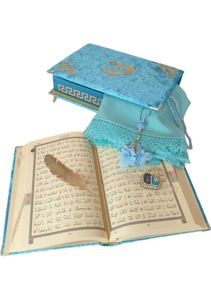 Kişiye Özel Reşal Ayaklı Kutulu Orta Boy Kur'an-I Kerim (Turkuaz) fiyatları