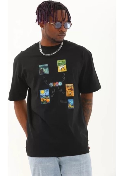 Unisex Oversize Baskılı Bisiklet Yaka T-Shirt - Siyah modelleri