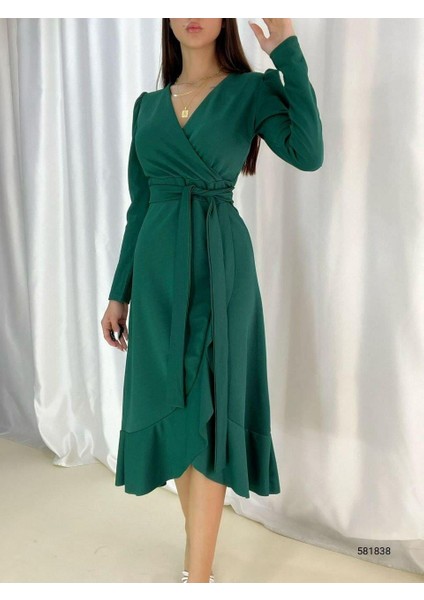 Kadın Yeşil Krep Kumaş Midi Boy Kuşaklı Uzunkol Elbise fiyatları