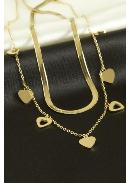 Kalp Lüks Çelik Ikili Kolye