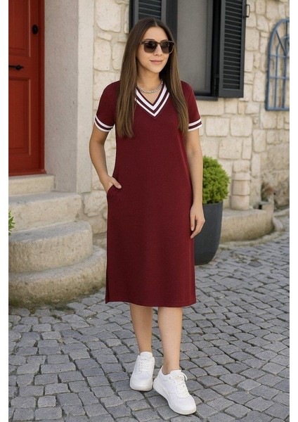 Kadın Kısa Kollu V Yaka ve Yaka Ribana Detay Midiboy Viskon Elbise modelleri