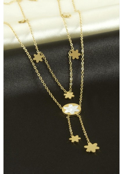 Çiçek Sedef Lüks Çelik Ikili Kolye