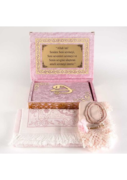 Raşel Kutulu, Şal + Seccade + Tesbih + Kuran Hediye Seti (Orta Boy, Bebe Pembe, Elif-Vav) fiyatları