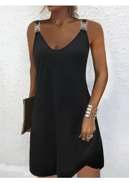 Kadın Askılı V Yakalı Toka Detaylı Janjan Krep Elbise