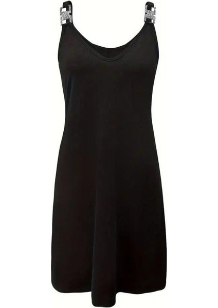 Kadın Askılı V Yakalı Toka Detaylı Janjan Krep Elbise fırsatları