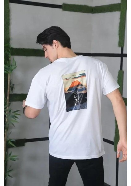 Unisex Bisiklet Yaka Baskılı Oversize T-Shirt - Beyaz modelleri