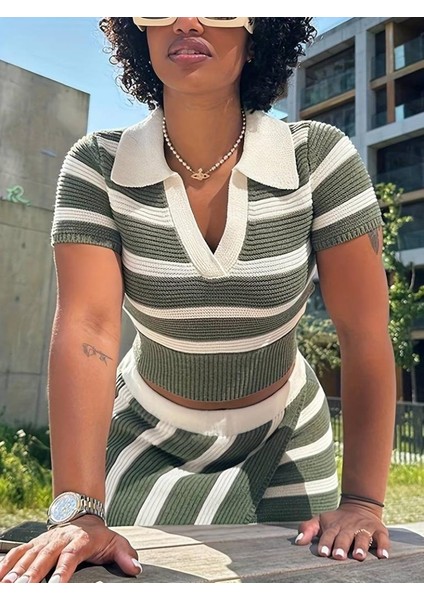 Kadın Kısa Kollu Polo Yaka Crop Asimetrik Mini Triko Etek Ikili Takım indirimleri