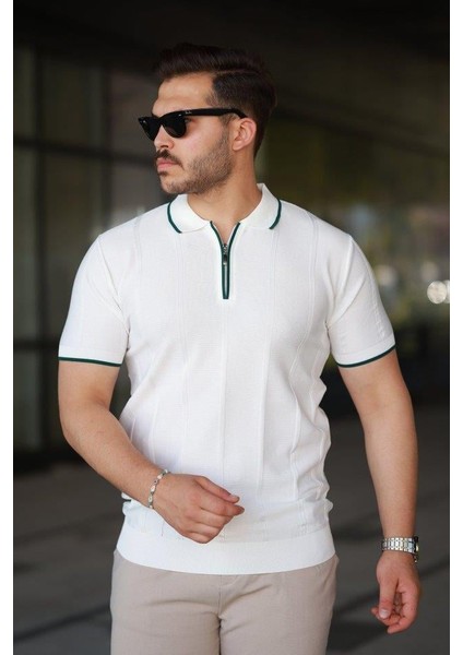 Erkek Dikey Kabartmalı Örgü Dokulu Fermuar Yakalı Tişört