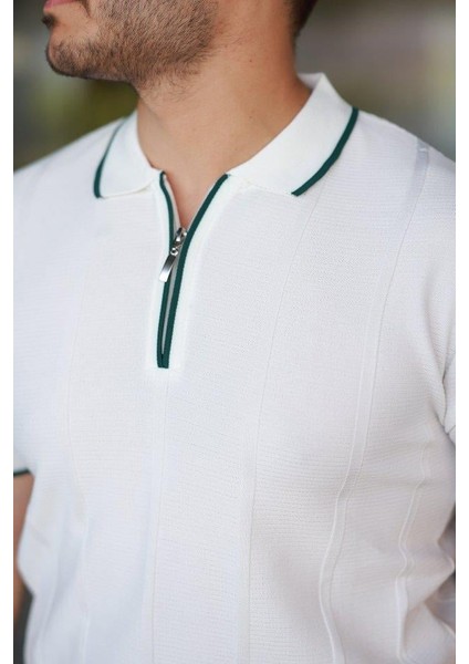 Erkek Dikey Kabartmalı Örgü Dokulu Fermuar Yakalı Tişört modelleri