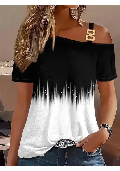 Kadın Tek Omuzdan Açık Askı Detaylı Desenli Süprem Bluz