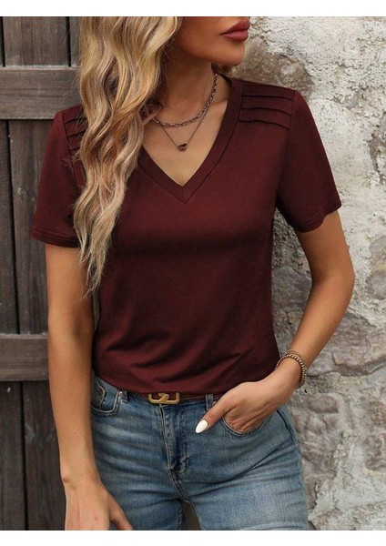 Kadın Kollu V Yakalı Omuzlarda Çizgi Detaylı Viskon Bluz fırsatları