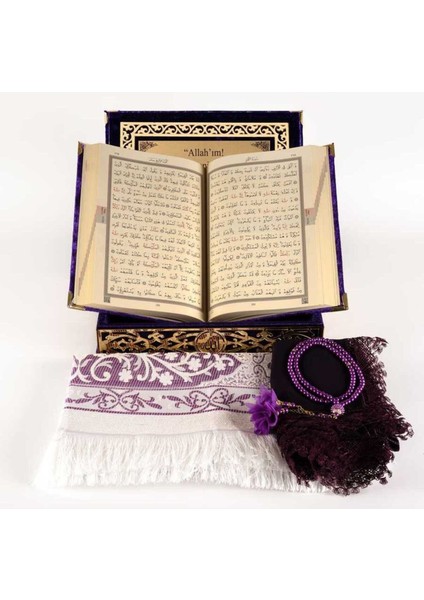 Raşel Kutulu, Şal + Seccade + Tesbih + Kuran Hediye Seti (Orta Boy, Mor, Elif-Vav)