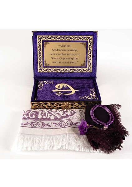 Raşel Kutulu, Şal + Seccade + Tesbih + Kuran Hediye Seti (Orta Boy, Mor, Elif-Vav) fiyatları