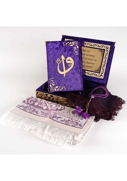 Raşel Kutulu, Şal + Seccade + Tesbih + Kuran Hediye Seti (Orta Boy, Mor, Elif-Vav) modelleri