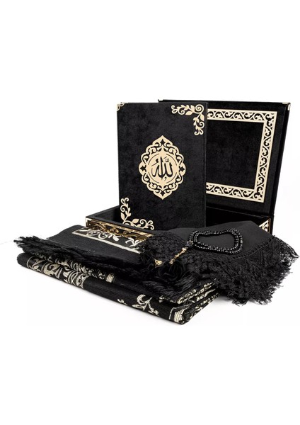 Şal + Seccade + Tesbih + Kuran Hediye Seti (Orta B. Şems Lafzatullah Gold Pleksi Raşel Kutu, Siyah)
