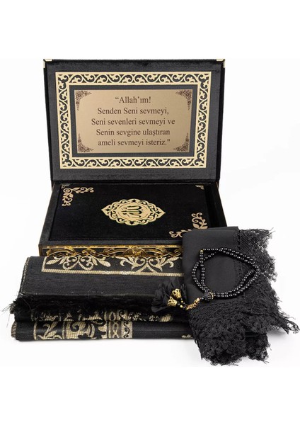 Şal + Seccade + Tesbih + Kuran Hediye Seti (Orta B. Şems Lafzatullah Gold Pleksi Raşel Kutu, Siyah) fiyatları