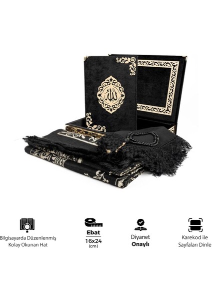 Şal + Seccade + Tesbih + Kuran Hediye Seti (Orta B. Şems Lafzatullah Gold Pleksi Raşel Kutu, Siyah) modelleri
