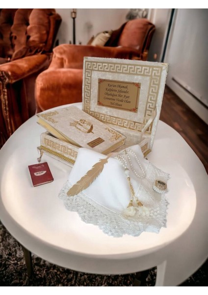 Kuranı Kerim Hediye Kuranı Kerim Seti Kadife Kutulu Krem