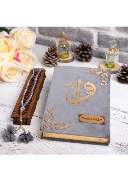 Hediyelik Kur'an-I Kerim Kadife Gri Tespihli Ah.kutu Orta B. modelleri