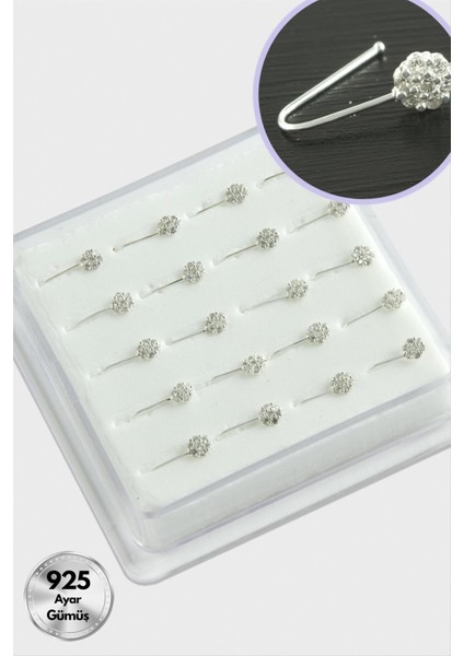 Yuvarlak Zirkon Taşlı Gümüş Hızma 20 Adet