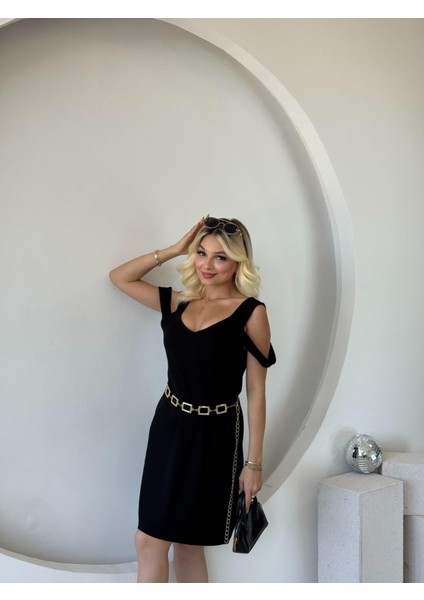 Kadın Askılı Soğuk Omuz Detaylı Modal Elbise