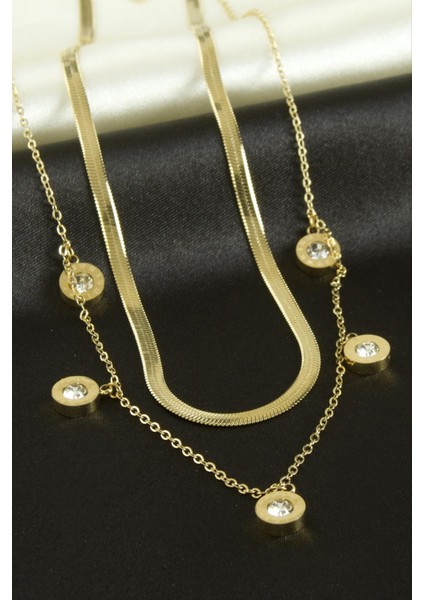 Zirkon Taşlı Lüks Çelik Ikili Kolye