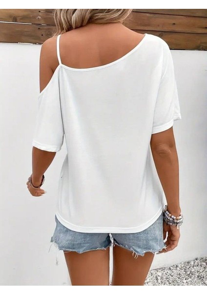 Kadın Tek Omuzu Açık Ip Askılı Baskılı Viskon Bluz fırsatları