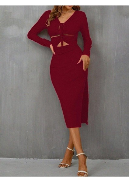 Kadın Uzun Kollu Göğüs ve Göbek Dekolte Detay Sandy Midi Boy Elbise fiyatları