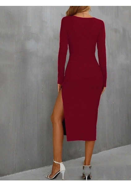Kadın Uzun Kollu Göğüs ve Göbek Dekolte Detay Sandy Midi Boy Elbise modelleri