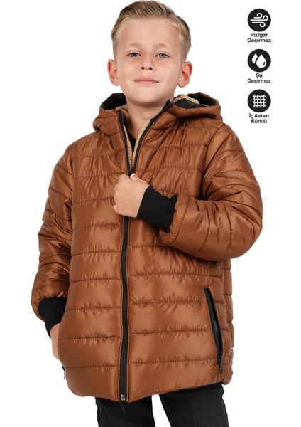 Erkek Çocuk Su ve Rüzgar Geçirmez Içi Kürklü Kapüşonlu Mont Düz Çizgi Desenli