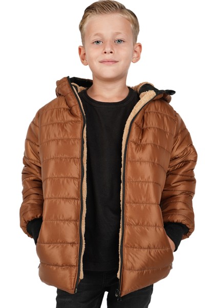 Erkek Çocuk Su ve Rüzgar Geçirmez Içi Kürklü Kapüşonlu Mont Düz Çizgi Desenli fiyatları